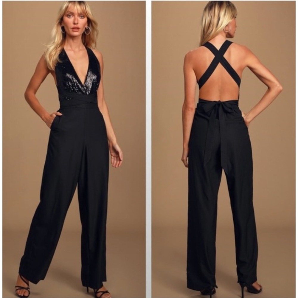 Lulus‎ Jumpsuit Womens XS Black Deep V Sequin Bodice Wide Leg Disco Heaven